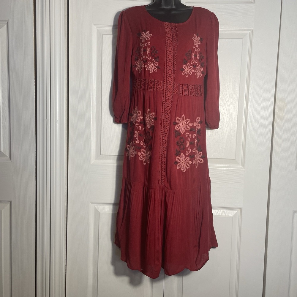 Polagram Embroidered Floral Boho Dress Women M Red Lace Trim Prairie Cottage